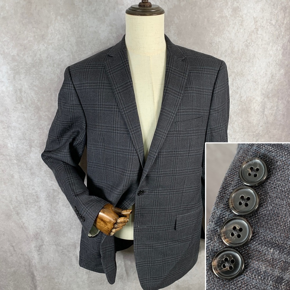 Ralph Lauren Blazer Jacket Men 44L Gray Windowpane Silk Wool Sport Coat Suit